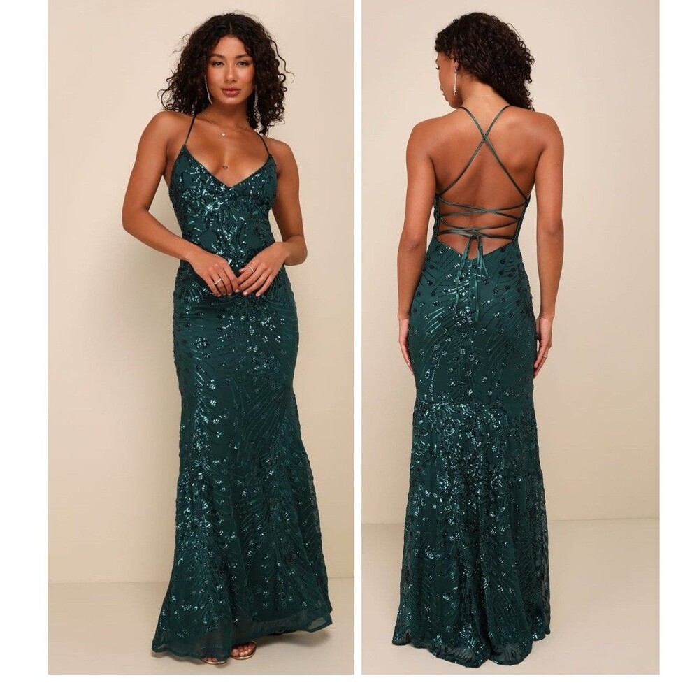 Lulus Photo Finish Forest Green Sequin Lace-Up Maxi Dress Size XL Formal Glam